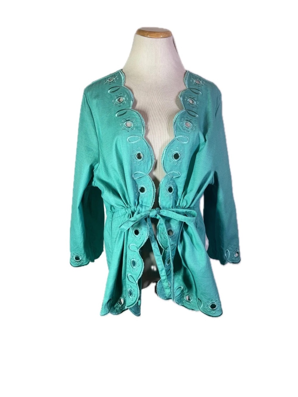 Turquoise Scalloped Tie-Waist Jacket
